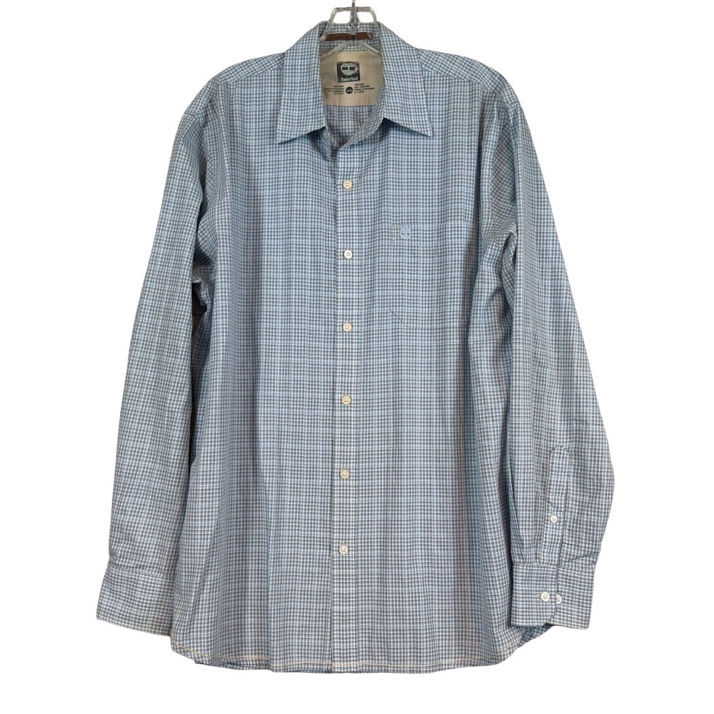 Timberland Mens Blue White Micro Check‎ Cotton Long Sleeve Button Down Shirt •M•